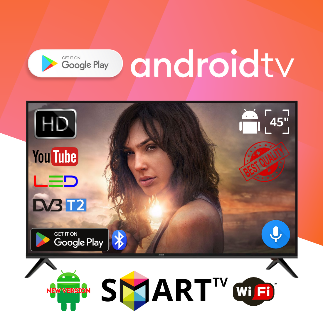Телевізор BBK 45" Android 13.0 / SMART TV / Full HD / USB / Bluetooth / голосовий контроль, фото 1