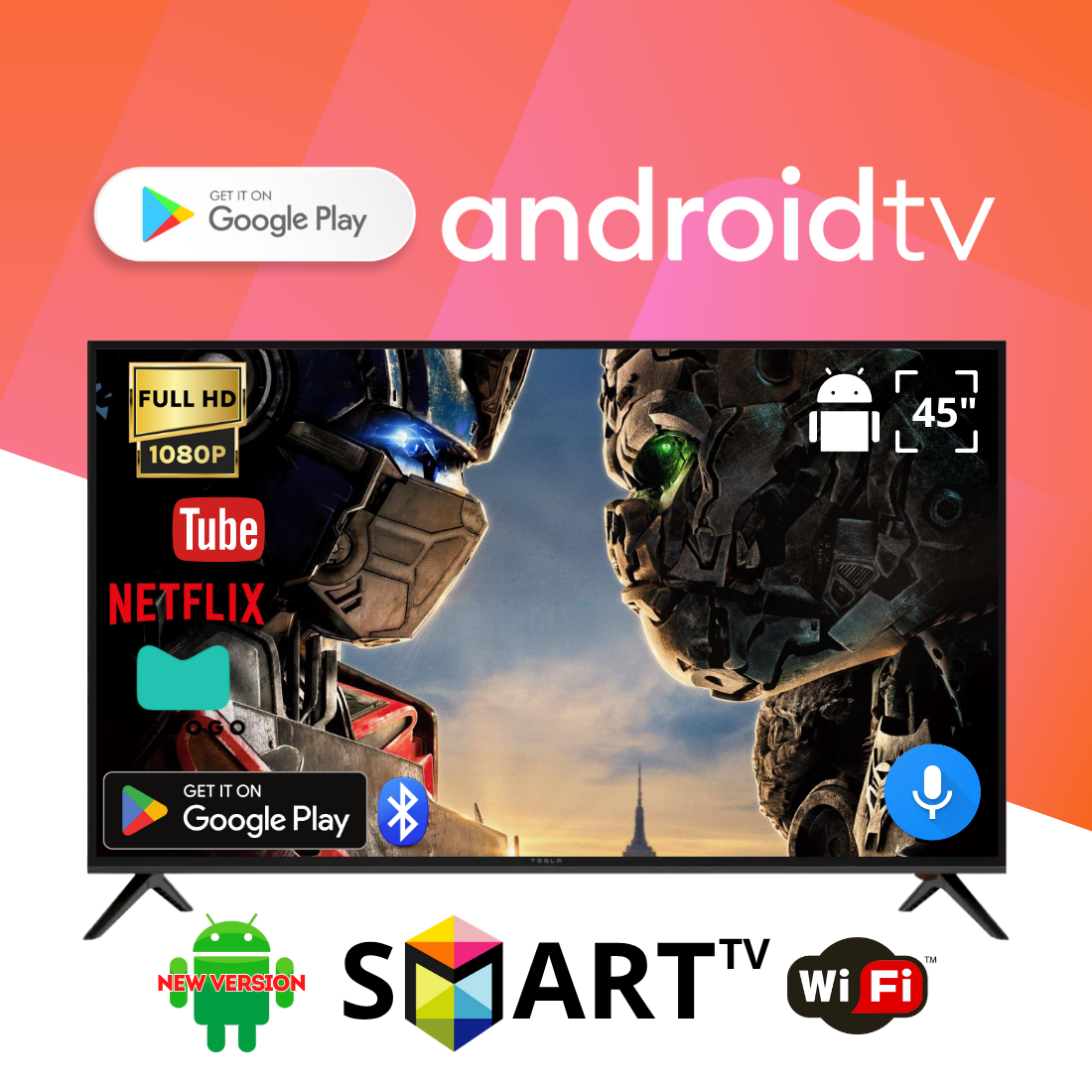 Телевізор Tesla 45" Android 13.0 / SMART TV / Full HD / USB / Bluetooth / голосовий контроль, фото 1