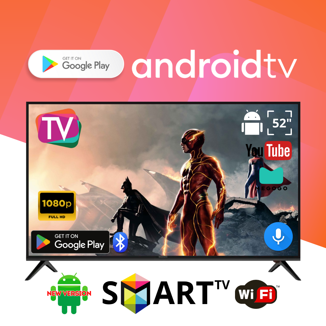 Телевізор Skyworth 52" FullHD Smart TV Android 13, USB, Bluetooth, підтримка голосового керування, фото 1