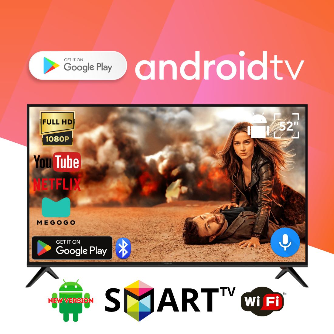 Телевізор Tesla 52" FullHD Smart TV Android 13, USB, Bluetooth, підтримка голосового керування, фото 1