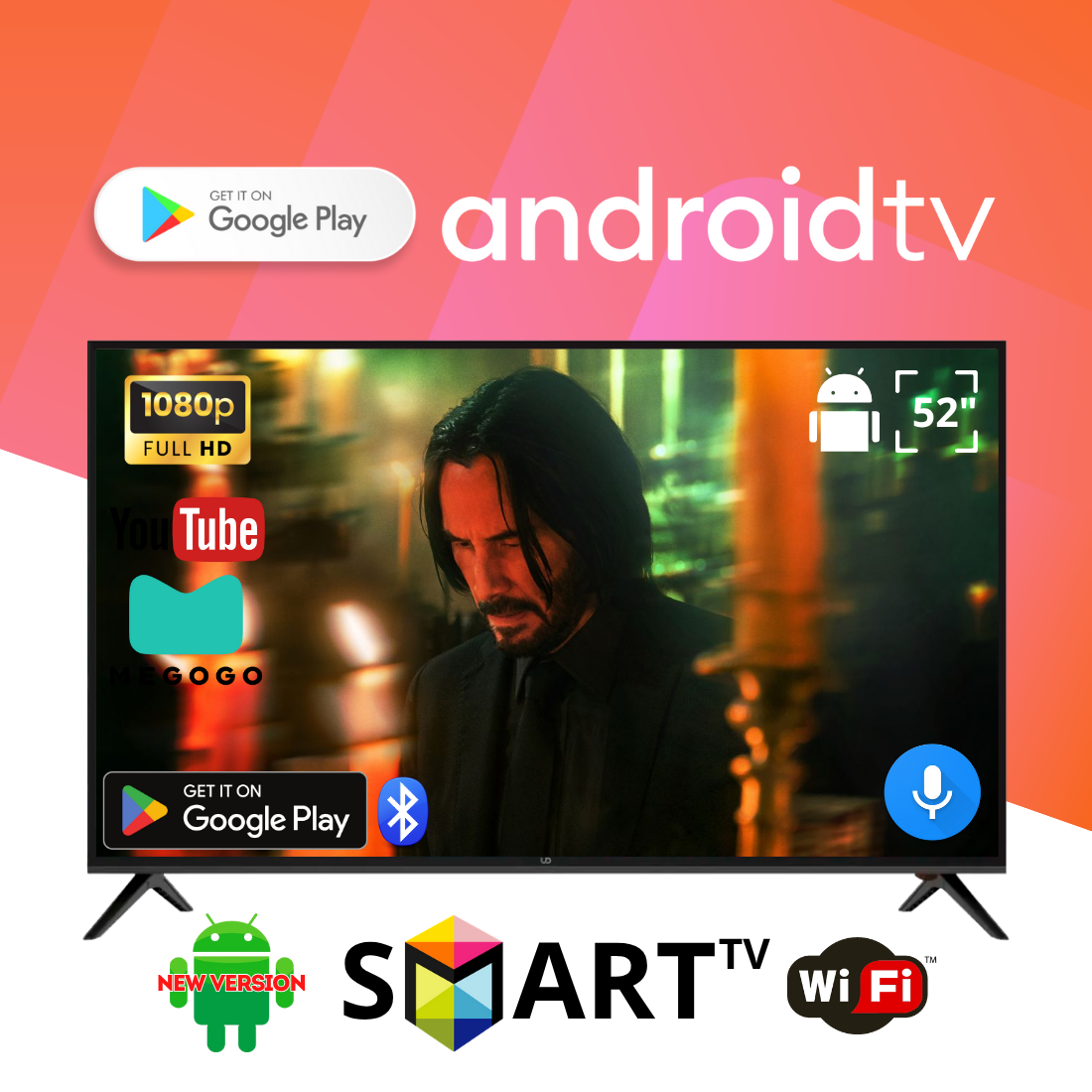 Телевізор UD 52" FullHD Smart TV Android 13, USB, Bluetooth, підтримка голосового керування, фото 1