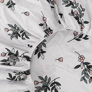 Натяжне двоспальне простирадло бязь на гумці (120*200*25) міцне бавовняне біле з квітковим принтом, фото 2