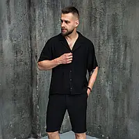 Чоловічий літній костюм із комплектом сорочка та шорти спортивний чорний лляний легкий