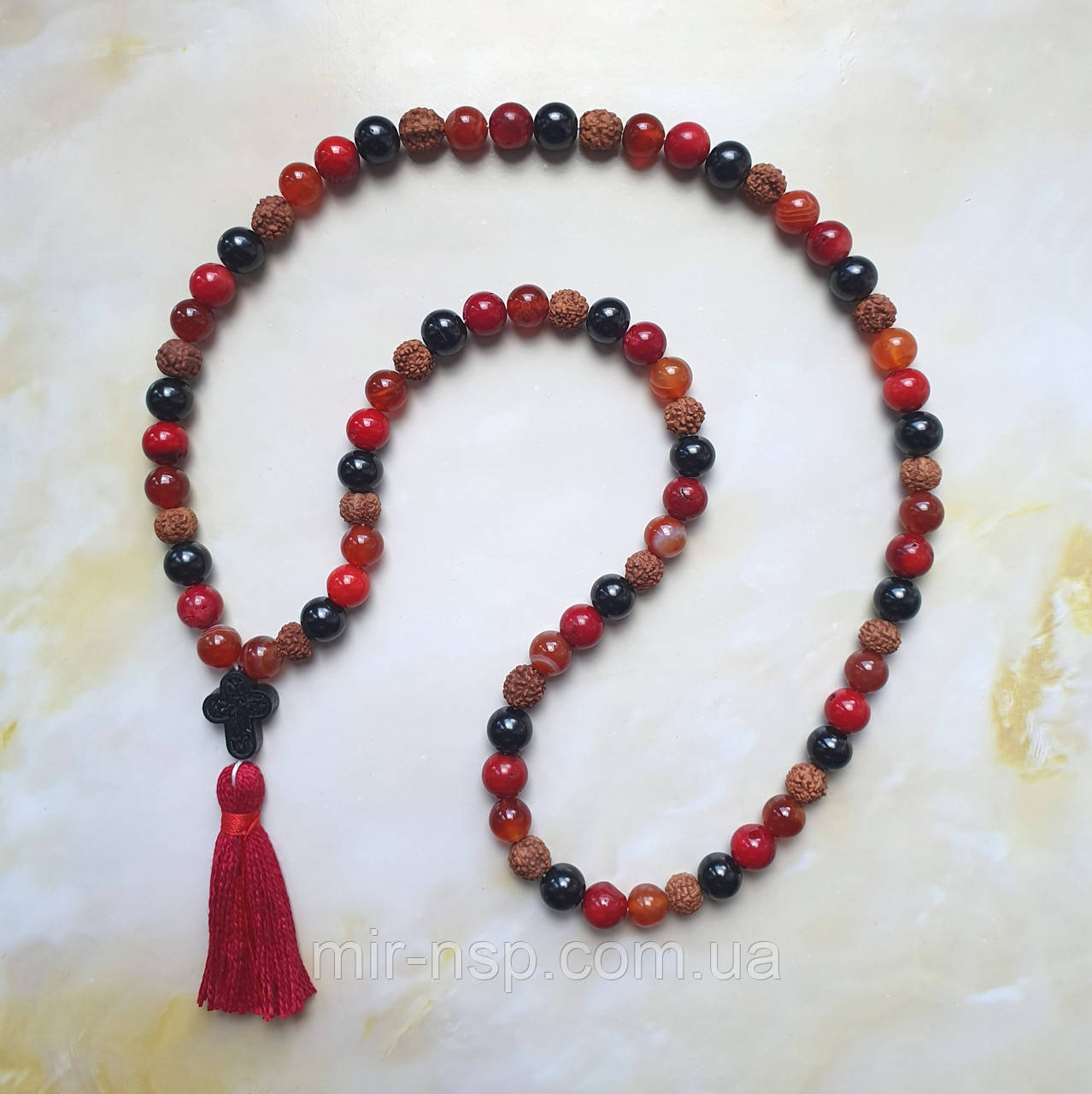 Чотки з рудракші, гагата, корала, сердоліка 77 намистин, фото 1