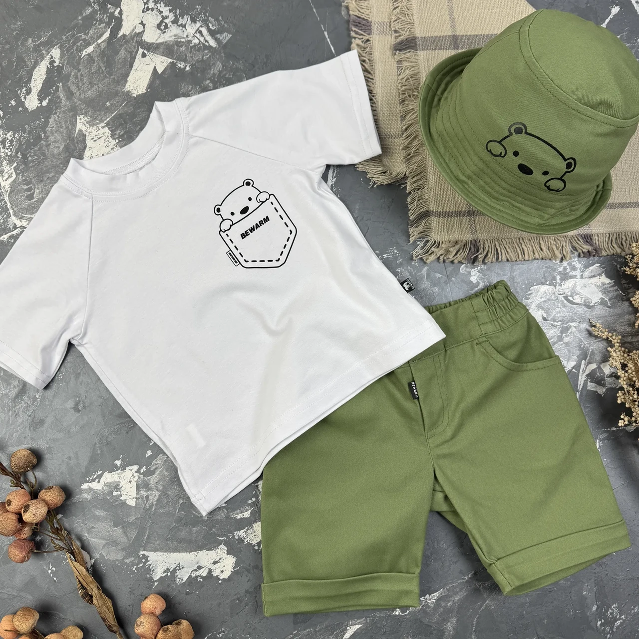 Костюм prettybear шорти + футболка + панамка дитячий Оливка/Білий, фото 1