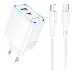 Мережевий зарядний пристрій Borofone BA89A 1 USB-C/1USB PD/QC 30 W + Type-C to Type-C Колір Білий