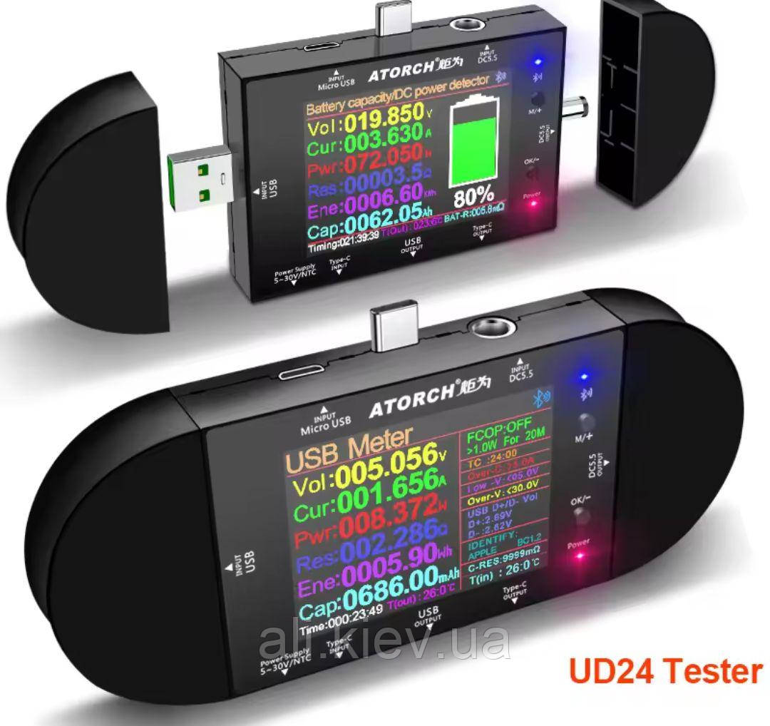 Тестер ATORCH UD24 визначник ємності потужності USB протоколів PD Bluetooth 24в1, фото 1