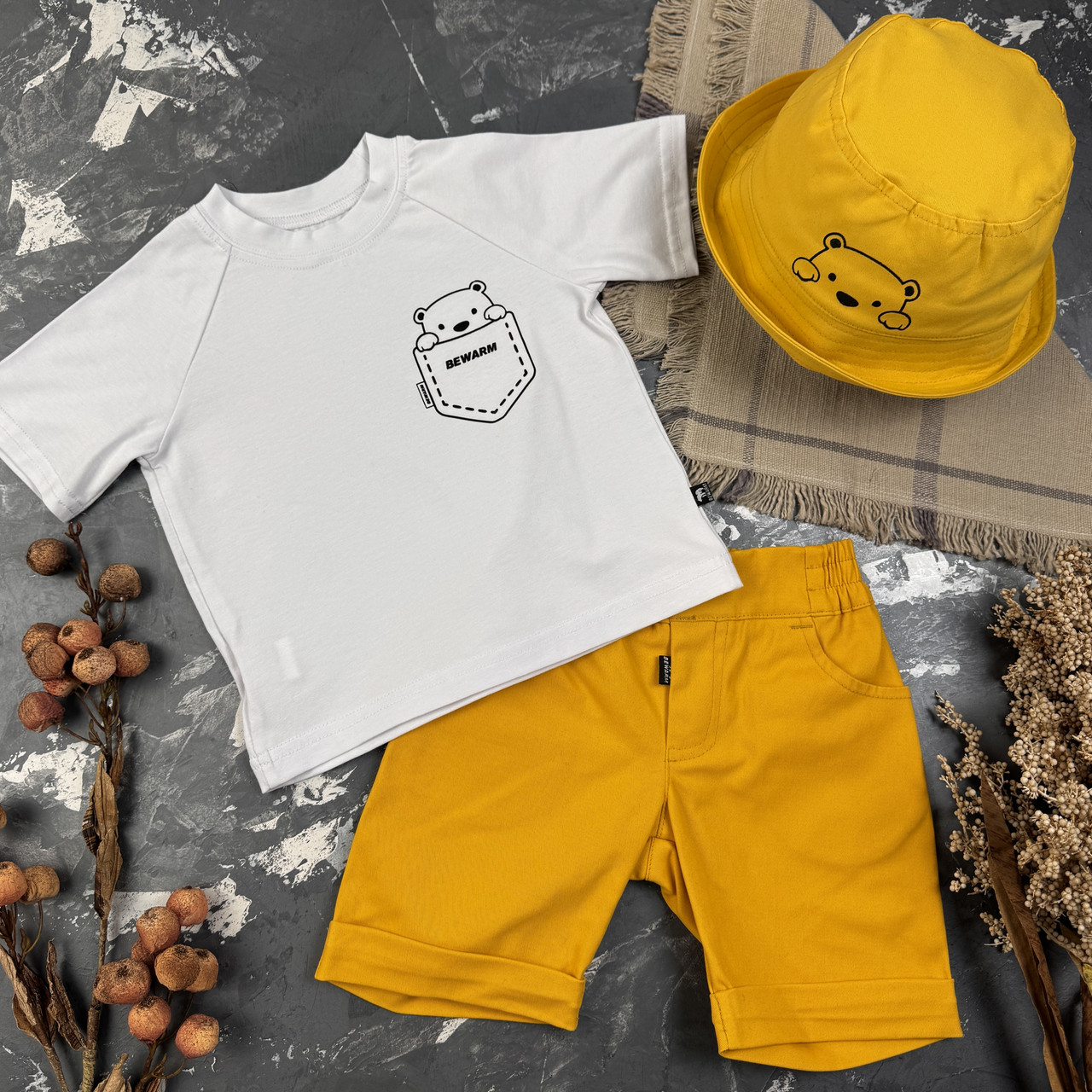 Костюм prettybear шорти + футболка + панамка дитячий Гірчиця/Білий