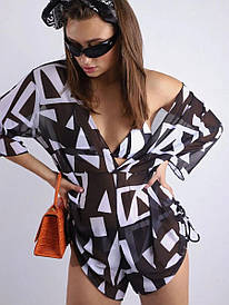 Купальник жіночий роздільний з костюмом накидкою шифоновий геометричні фігури колір білий з чорним розмір S