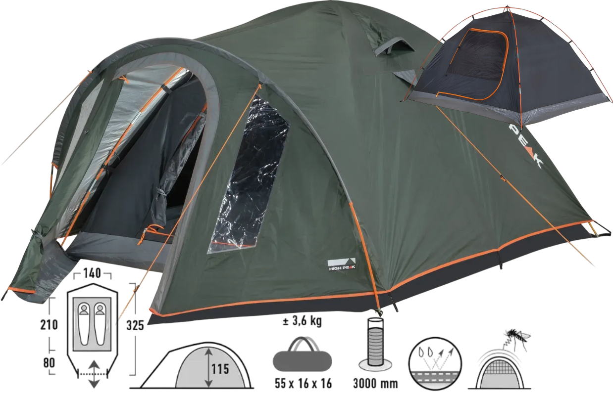 Двомісний намет High Peak Nevada 2.1 | Універсальна трекінгова палатка з тамбуром для зберігання спорядження