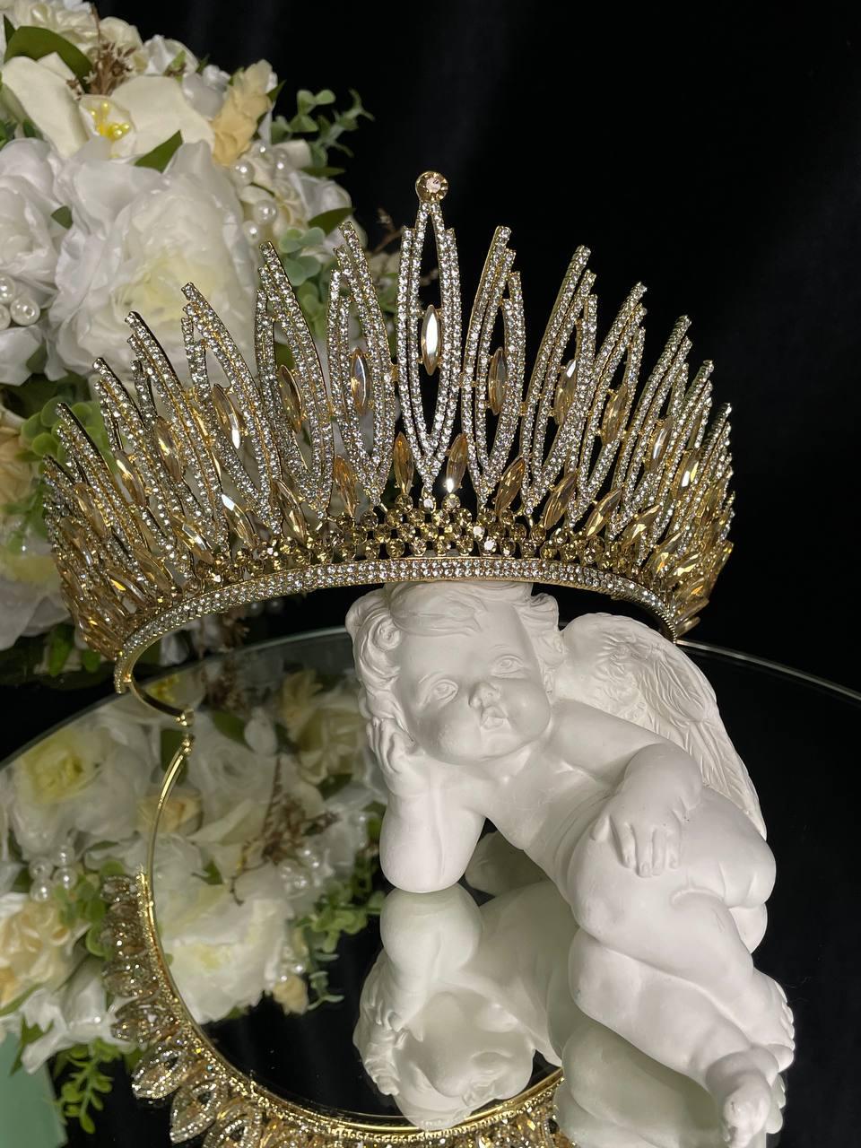 Діадема з камінням Swarovski Золотиста 14х9.5 см Висока тіара для нареченої Тіара на випускний