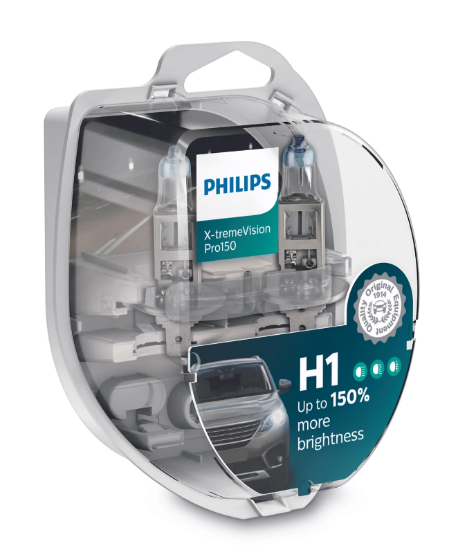Комплект галогенових ламп PHILIPS 12258XVPS2 H1 55W 12V P14,5s X-treme Vision Pro +150%