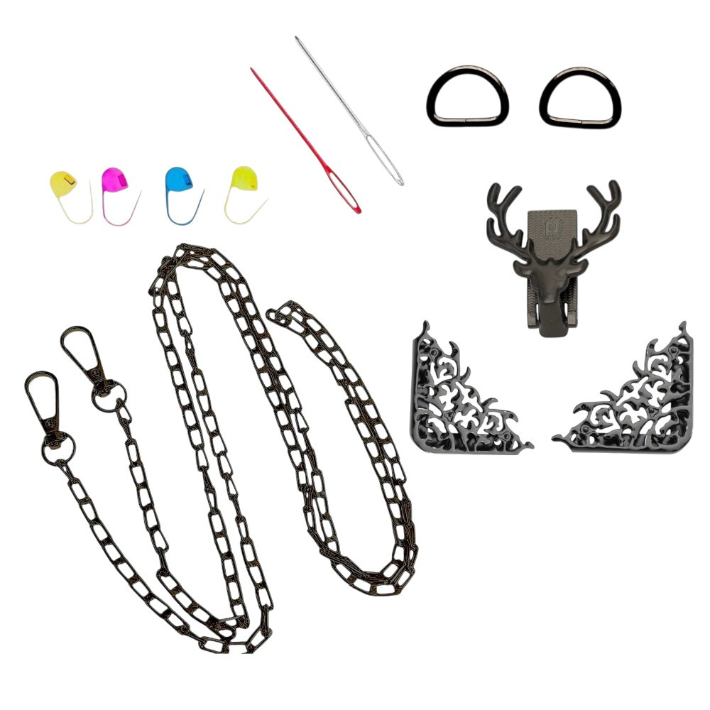 Набір - Замок Олень колір чорний + Куточки для клапана №3 + Ручка-ланцюжок Фурнітура для сумки, фото 1