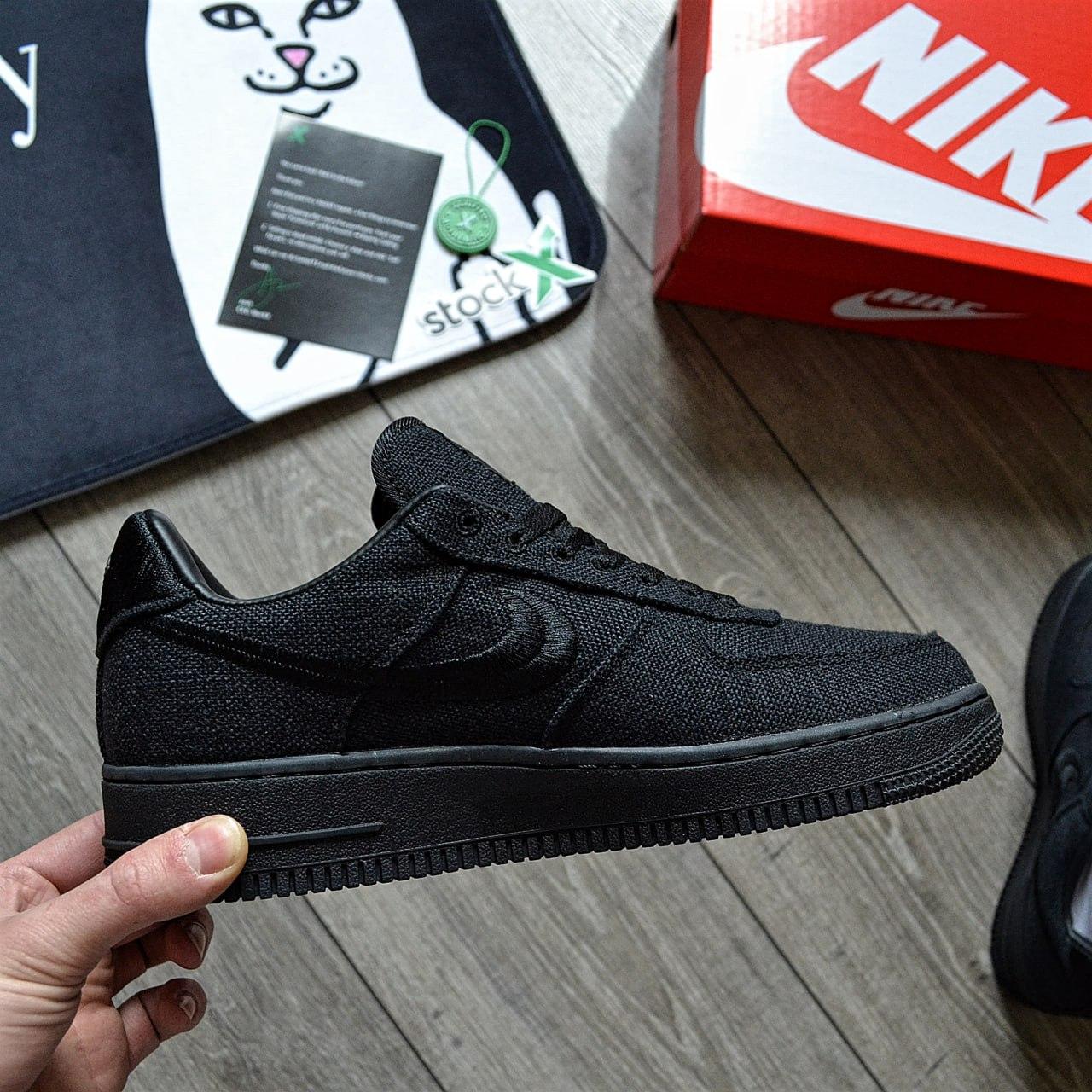 Чоловічі кросівки Stussy Nike Air Force 1 Low Black Чорні Найк Аір Форс Стассі конопляна тканина шкіра демісезон