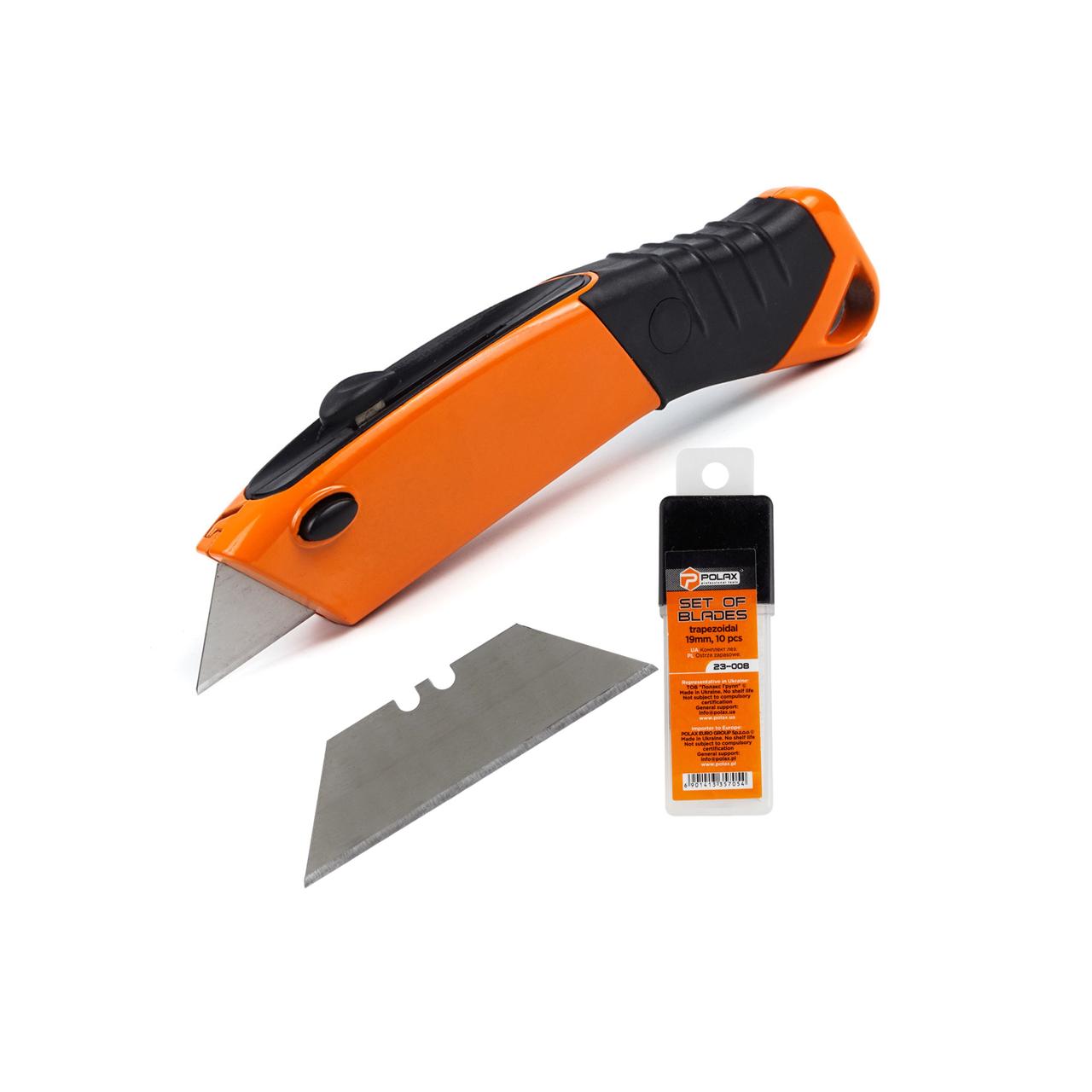 Ніж трапецієподібний та комплект лез трапецієподібних 19 мм, 10 шт. Polax (335-72), фото 1