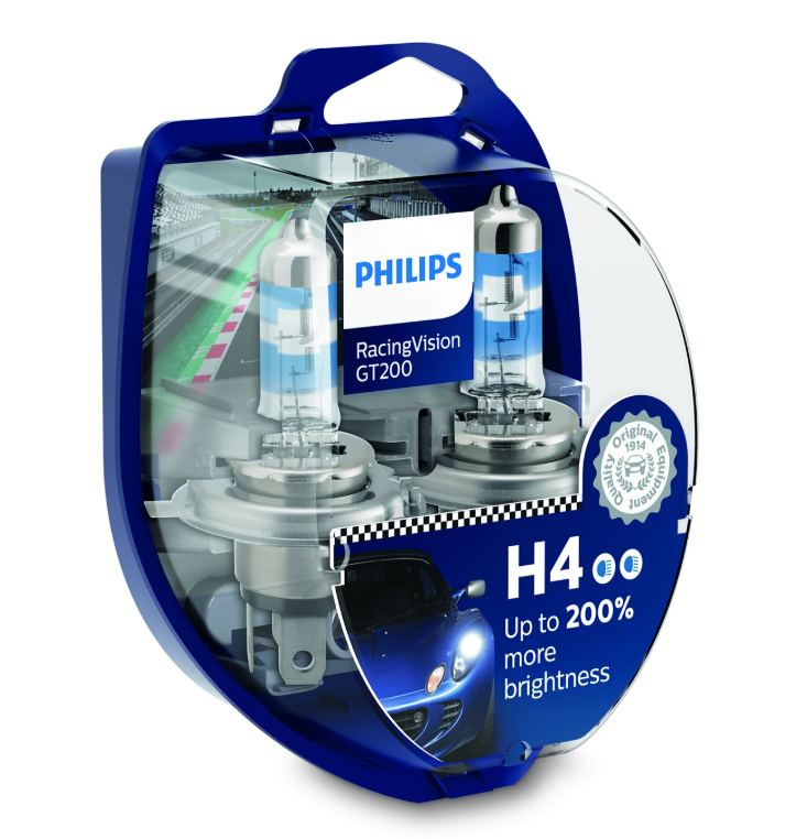 Комплект галогенових ламп PHILIPS 12342RGTS2 H4 60/55W 12V P43T RacingVision GT200 +200%