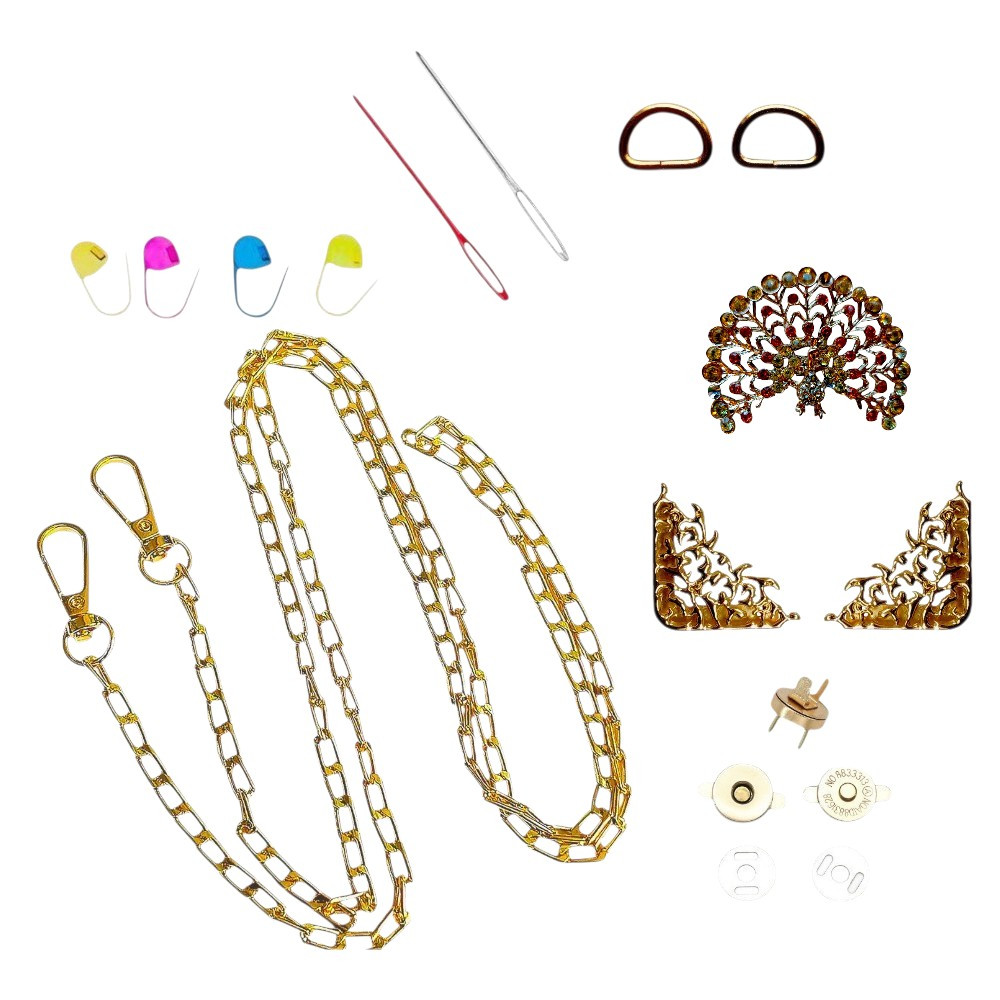 Набір - Замок Павич колір золото + Кутки для клапана №1 + Ручка-ланцюжок Фурнітура для сумки, фото 1