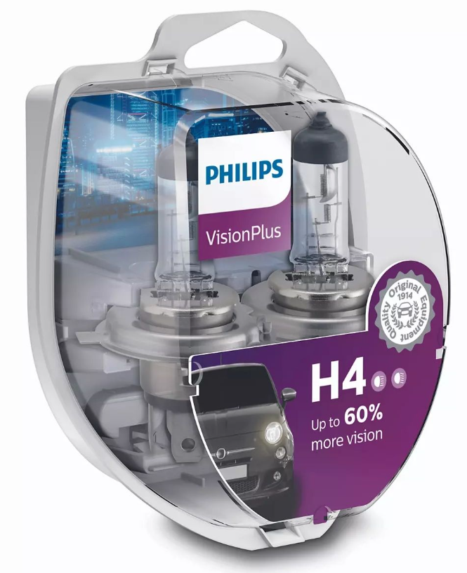 Комплект галогенових ламп PHILIPS 12342VPS2 H4 60/55W 12V P43t VisionPlus +60%