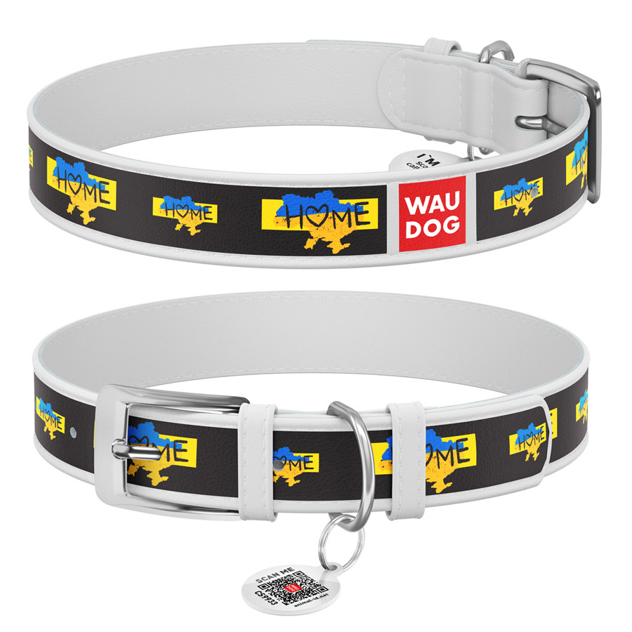Нашийник для собак шкіряний WAUDOG Design з QR паспортом, малюнок "Дім", XXS, Ш 12 мм, Дов 18-24 см, білий