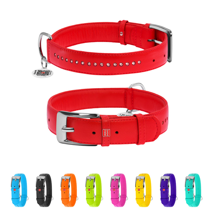 Нашийник для собак шкіряний WAUDOG Glamour з QR паспортом, подвійний зі стразами, S, Ш 15 мм, Дов 27-36 см червоний, фото 1
