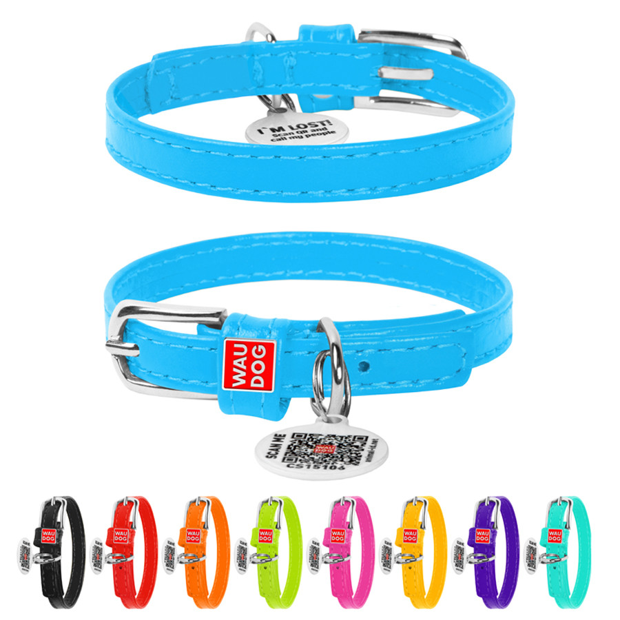 Нашийник для собак шкіряний WAUDOG Glamour з QR паспортом, без прикрас, XXS, Ш 9 мм, Дов 19-25 см блакитний, фото 1