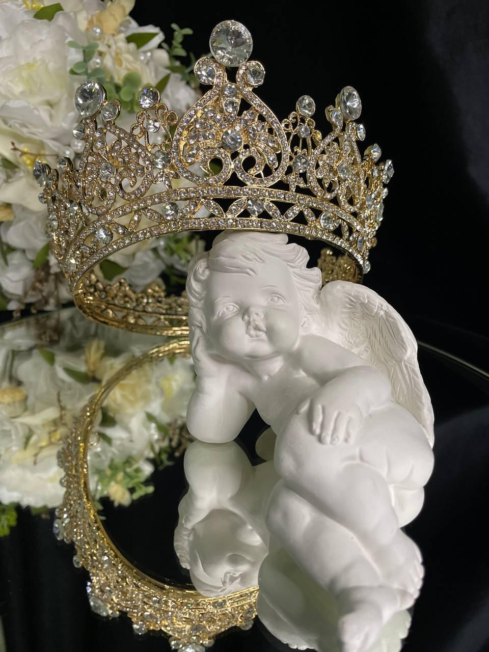 Корона з камінням Swarovski Золото 9.5х7.5 см Жіноча корона для торжества Елегантна золота корона, фото 1