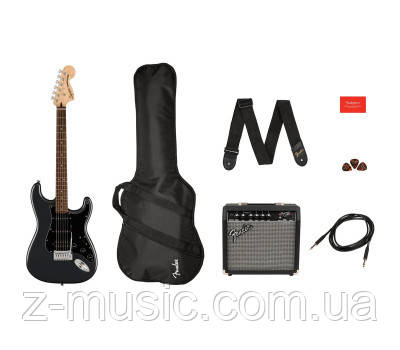 Гітарний набір з електрогітарою SQUIER by FENDER AFFINITY SERIES STRAT PACK HSS CHARCOAL FROST METALLIC, фото 1