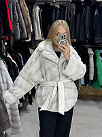 Великі розміри Жіноча натуральна норкова шубка з відкладеним коміром під пояс в кольорі "СНІГ" 44/46