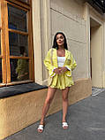 Жовтий жіночий літній прогулянковий костюм із жатого льону з мереживним оздобленням, фото 4