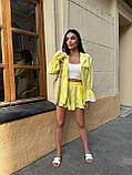 Жовтий жіночий літній прогулянковий костюм із жатого льону з мереживним оздобленням, фото 8