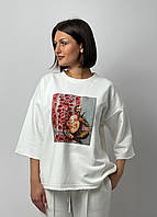 Футболка жіноча біла тринитка з принтом в українському стилі Козак з бандурою