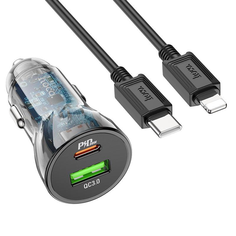 Автомобільний зарядний пристрій HOCO Z47A PD30W QC3.0 (1Type-C/1USB) з кабелем Type-C-Lightning Black