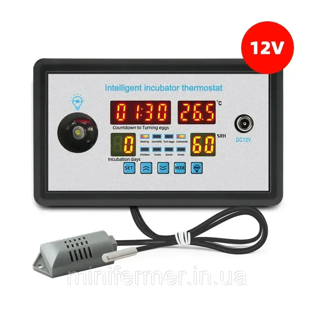 Регулятор температури і вологості W9002 12В з виносним датчиком для інкубатора, фото 1