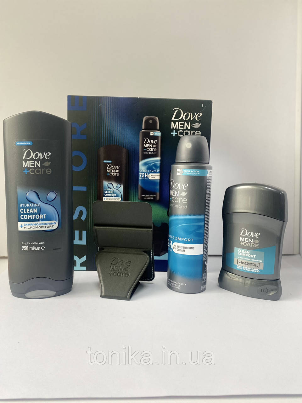 Набір Dove MEN+Care 4 предмети (гель д/душа + дез.сухий + дез.спрей + підставка д/тел.). Набори косметики