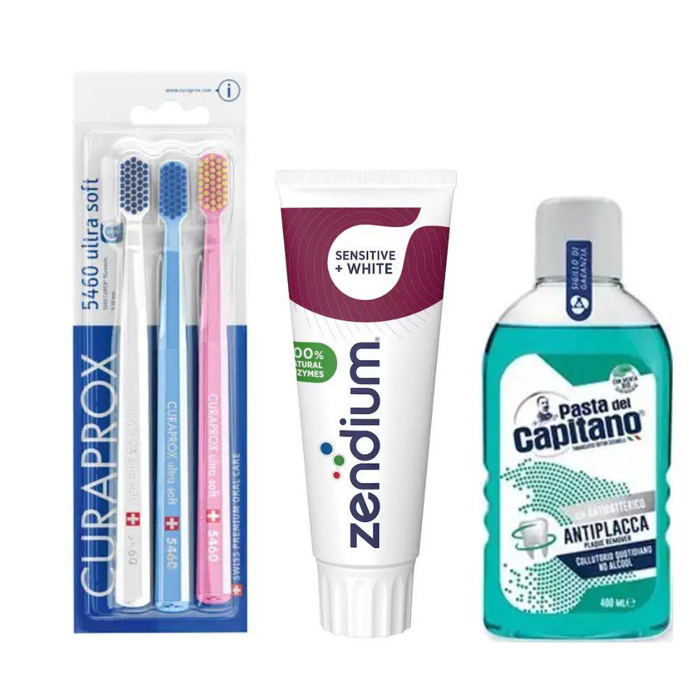 Набір зубних щіток Curaprox CS 5460/3 UltraSoft + паста Zendium Sensitive+White + ополіскувач PASTA DEL CAPITANO Con Antibatterico