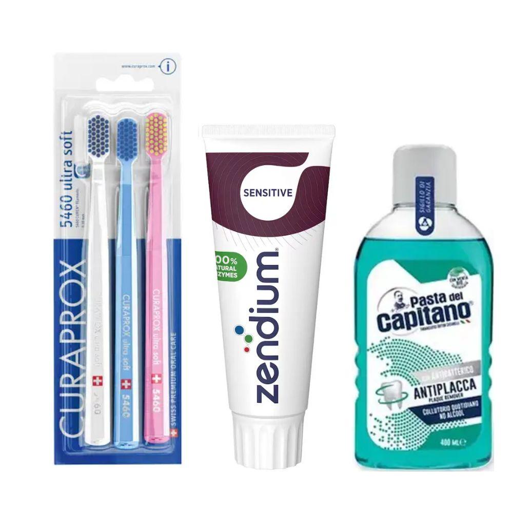 Набір зубних щіток Curaprox CS 5460/3 Ultra Soft + паста Zendium Sensitive + ополіскувач PASTA DEL CAPITANO Con Antibatterico