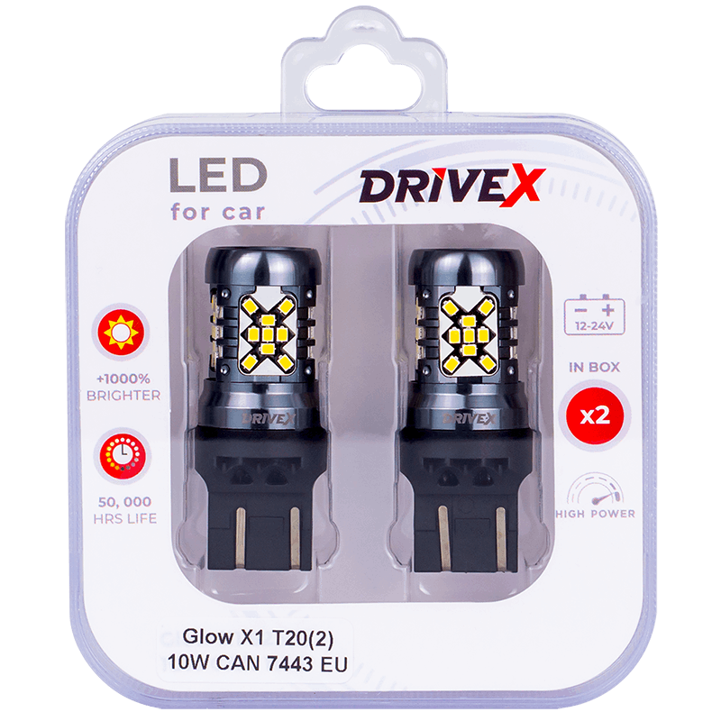 Комплект світлодіодних LED ламп DriveX Glow X1 T20(2) 12-24V 10W CAN 1200Lm 7443/W21/5W Ø16 мм EU