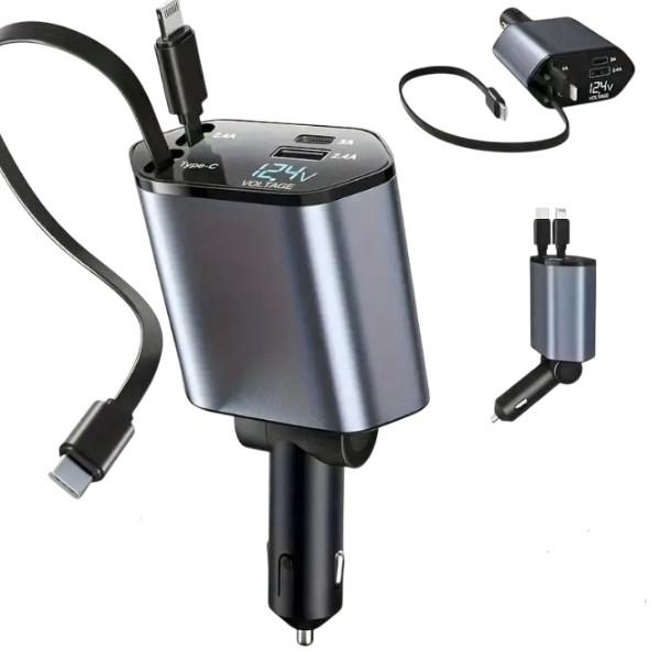 Зарядний пристрій зі шнурами та USB у прикурювач автомобіля QC 3.0 PD Чорне, фото 1