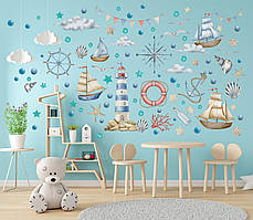 Наклейка вінілова на стіну Море, кораблі й маяк Zatarga в дитячу, вітальню розмір аркуша набору М 1100х500мм