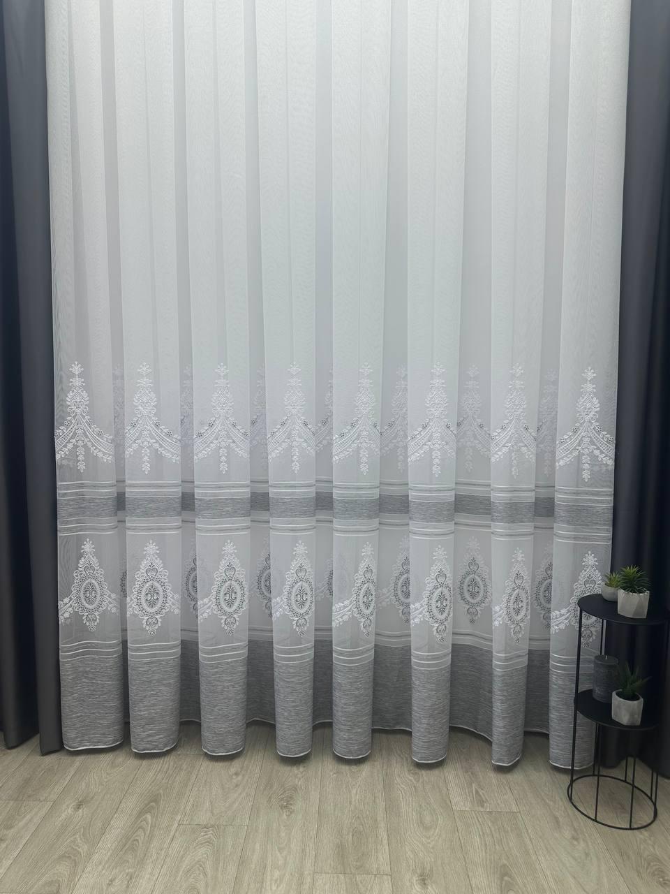 Тюль на бамбуковій основі з шеніловою вишивкою. Колір: сірий, фото 1