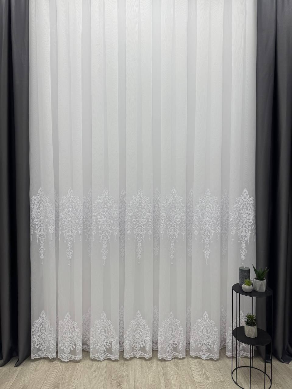 Тюль на бамбуковій основі з красивою вишивкою. Колір: білий, фото 1