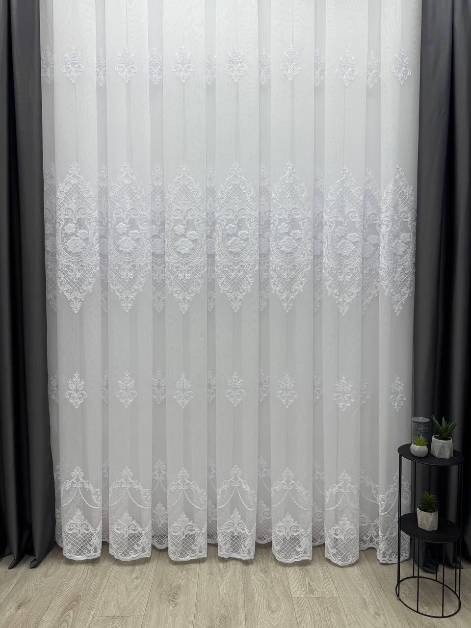 Тюль на основі бамбука з красивою шеніловою вишивкою. Колір: білий, фото 1