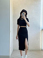 Стильний жіночий легкий базовий костюм топ і спідниця міді з розрізом на високій посадці рубчик 42/46