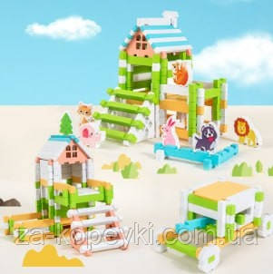 Дерев’яний конструктор з фігурками тварин та транспорту 120 деталей, фото 1