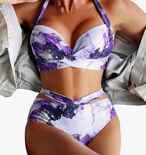 Жіночий купальник на зав'язках з високими трусиками білий з фіолетовими розлученнями.