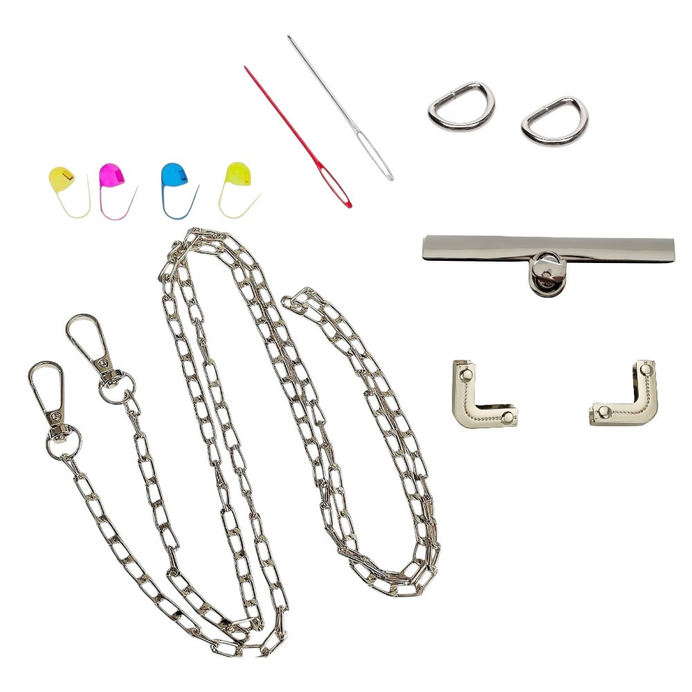 Набір -Планка з поворотним замком колір срібло + Куточки для клапана №12 + Ручка-ланцюжок Фурнітура для сумки, фото 1