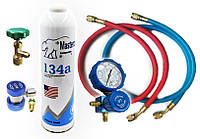 Фреон R134a 1кг для дозаправки автокондиціонерів (+манометр, шланги, кран, автомуфта QC-ML з краном)