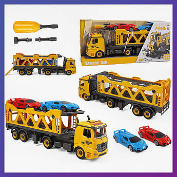 Машинка трейлер автовоз пластмасова на батарейках YW 9086 B інерційна з машинками