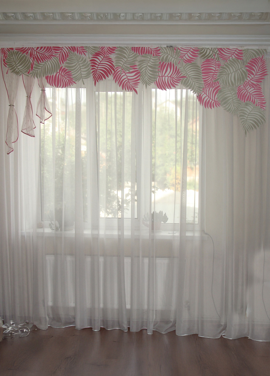 Жорсткий ламбрекен Firanka Пазли Листочки 2м50см рожеві з зеленим (5_8ж), фото 1