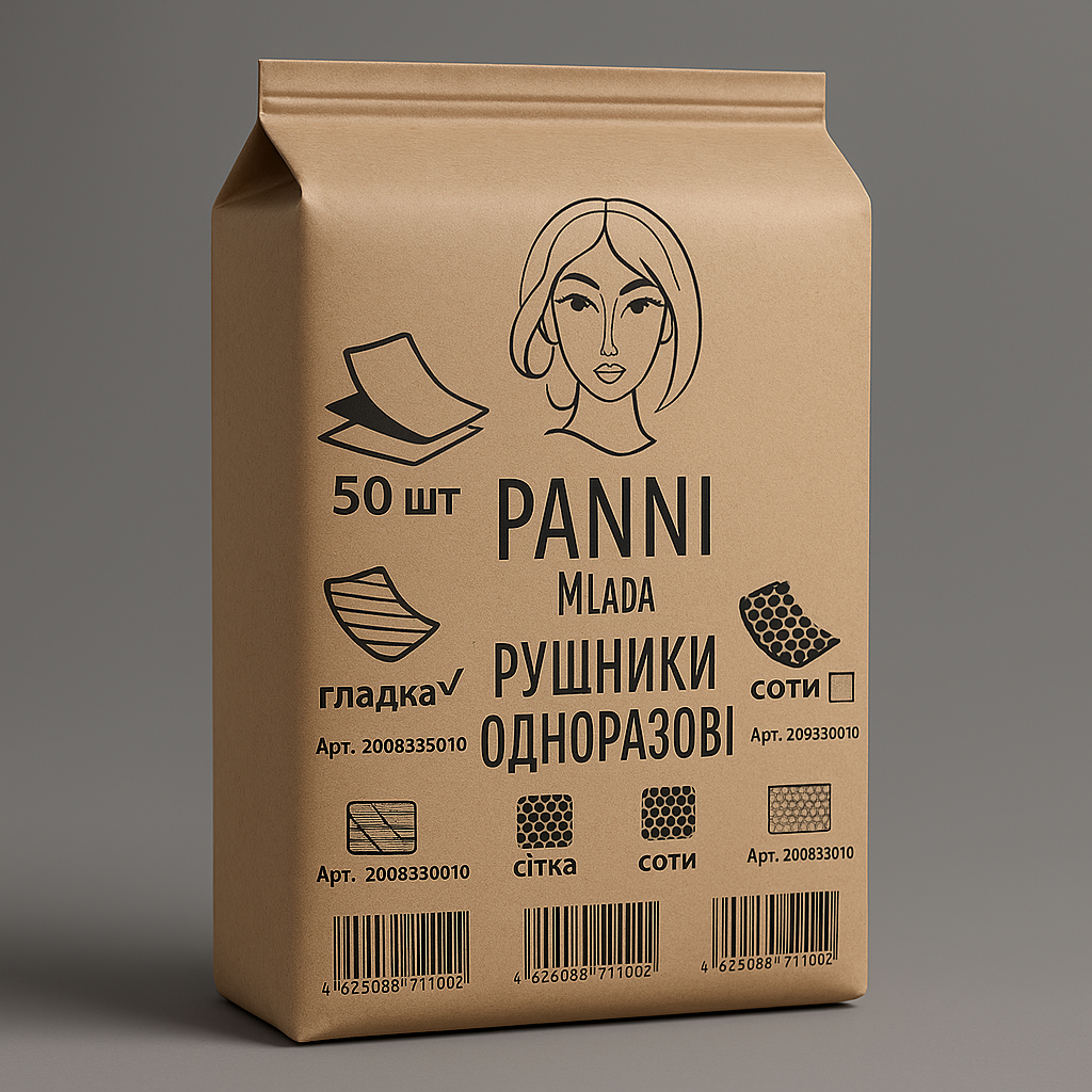 Рушники в коробці Panni Mlada™ 40х70 см (25 шт/пач,50 шт/кор) зі спанлейсу 45 г/м2 Текстура: гладка